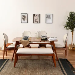 Set Tavolo e Sedie Marrone Noce Bianco Crema 6 Posti Dimensione Seduta Panca: 105x40h48 cm, Sedie: 54x44h90 cm, Dimensione Tavolo 160x78h75 cm