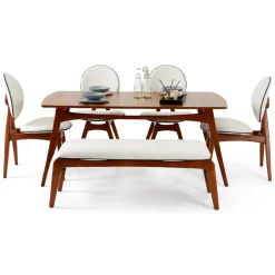 Set Tavolo e Sedie Marrone Noce Bianco Crema 6 Posti Dimensione Seduta Panca: 105x40h48 cm, Sedie: 54x44h90 cm, Dimensione Tavolo 160x78h75 cm