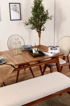 Set Tavolo e Sedie Marrone Noce Bianco Crema 6 Posti Dimensione Seduta Panca: 105x40h48 cm, Sedie: 54x44h90 cm, Dimensione Tavolo 160x78h75 cm