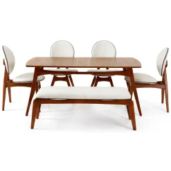 Set Tavolo e Sedie Marrone Noce Bianco Crema 6 Posti Dimensione Seduta Panca: 105x40h48 cm, Sedie: 54x44h90 cm, Dimensione Tavolo 160x78h75 cm