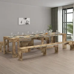 Set Tavolo E Sedie|Cucina > Dmora Set tavolo estensibile e 2 panche estensibili acero 12 posti - Auditore Marrone Acero