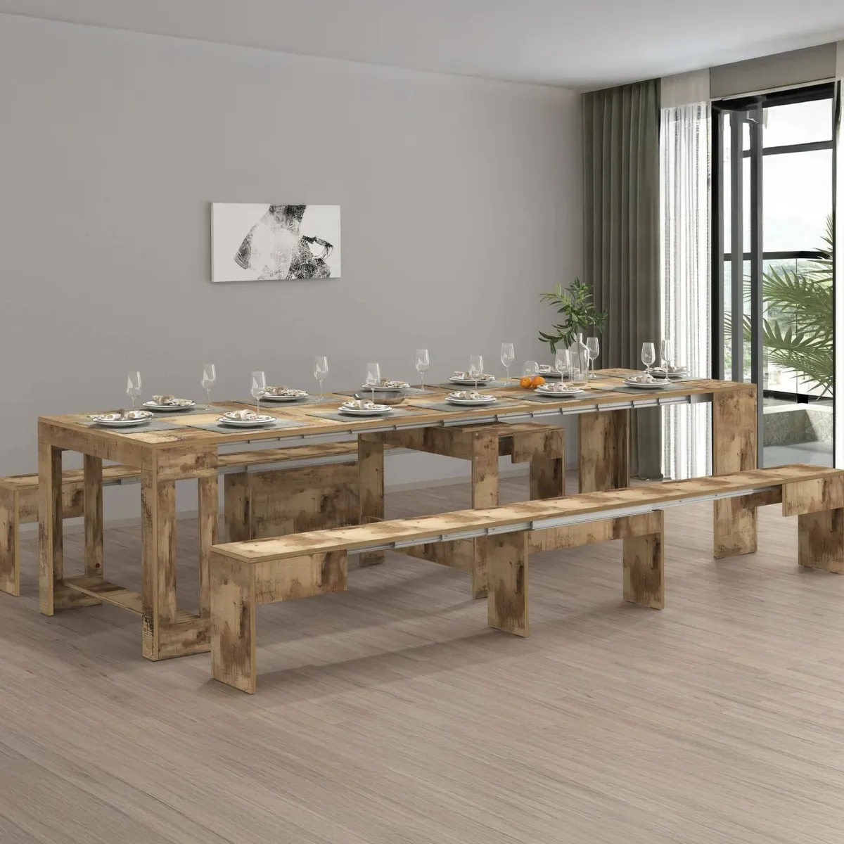 Set Tavolo E Sedie|Cucina > Dmora Set tavolo estensibile e 2 panche estensibili acero 12 posti - Auditore Marrone Acero