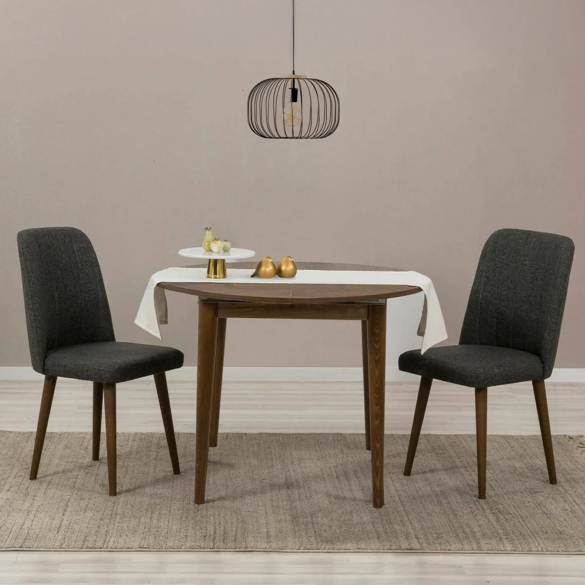 Set Tavolo E Sedie|Cucina > Dmora Set tavolo rotondo allungabile e 2 sedie imbottite - Bee Nero Antracite, Marrone Noce