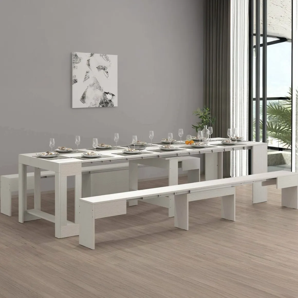 Set tavolo soggiorno estensibile e 2 panche estensibili bianco 12 posti - Auditore