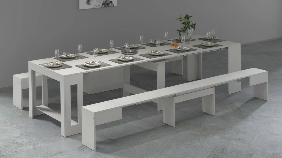 Set tavolo soggiorno estensibile e 2 panche estensibili bianco 12 posti - Auditore