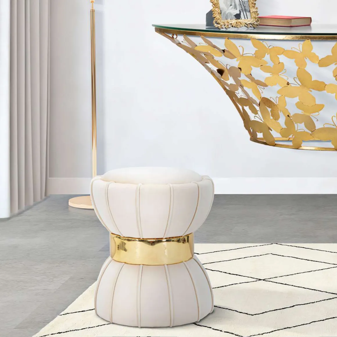 Sgabello Bianco Crema oro Rivestimento in Velluto Imbottito 40x40x44h cm, Sfumatura Colore Seduta Crema - Samaip
