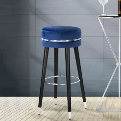 Sgabelli > Dmora Sgabello blu Argento Rivestimento in Velluto Imbottito 35x35x74h cm, Colore Seduta blu - Bran Argento, Blu