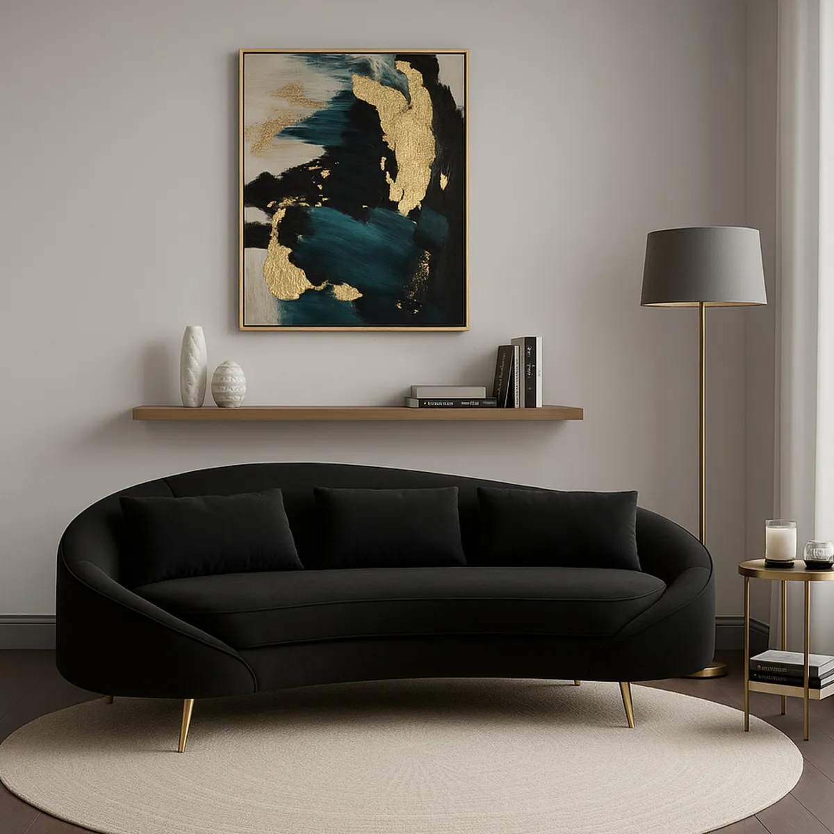 Divani Fissi 3 Posti > Dmora Sofà in legno e metallo rivestito in tessuto nero e oro 185x84x68h cm - Verte Oro, Nero