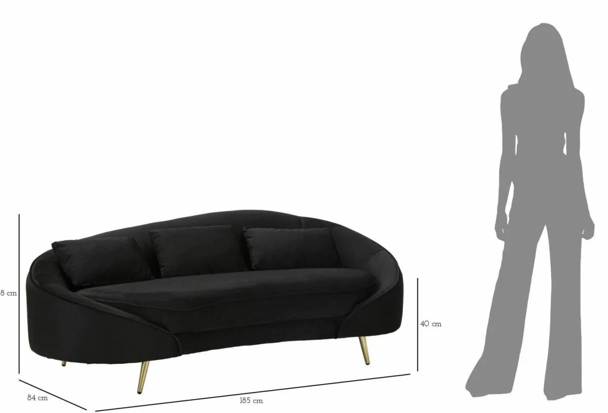 Divani Fissi 3 Posti > Dmora Sofà in legno e metallo rivestito in tessuto nero e oro 185x84x68h cm - Verte Oro, Nero