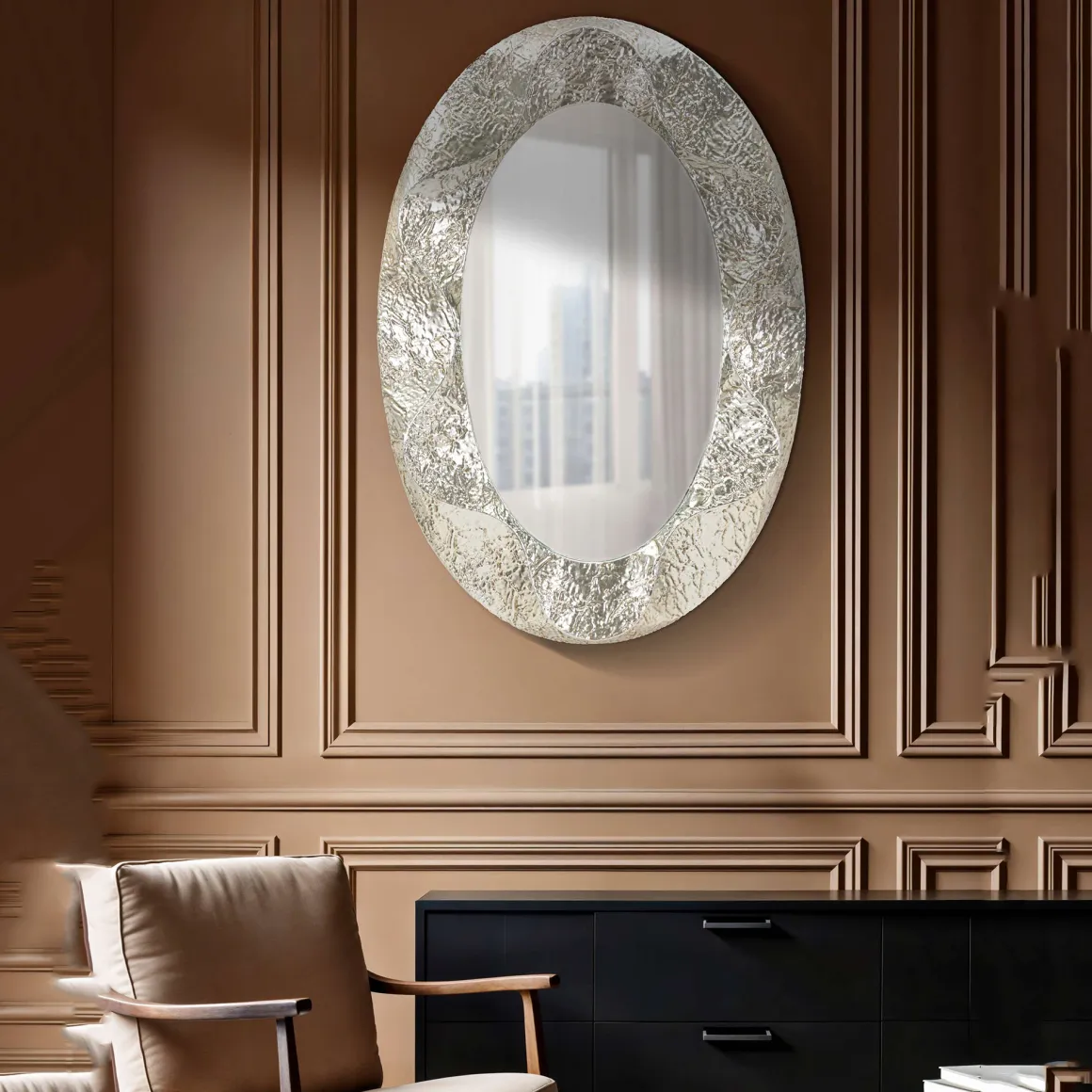 Specchio Argento Trasparente Cornice Effetto Materico Forma Ovale 88x128h cm, Tipologia a Parete - Daga