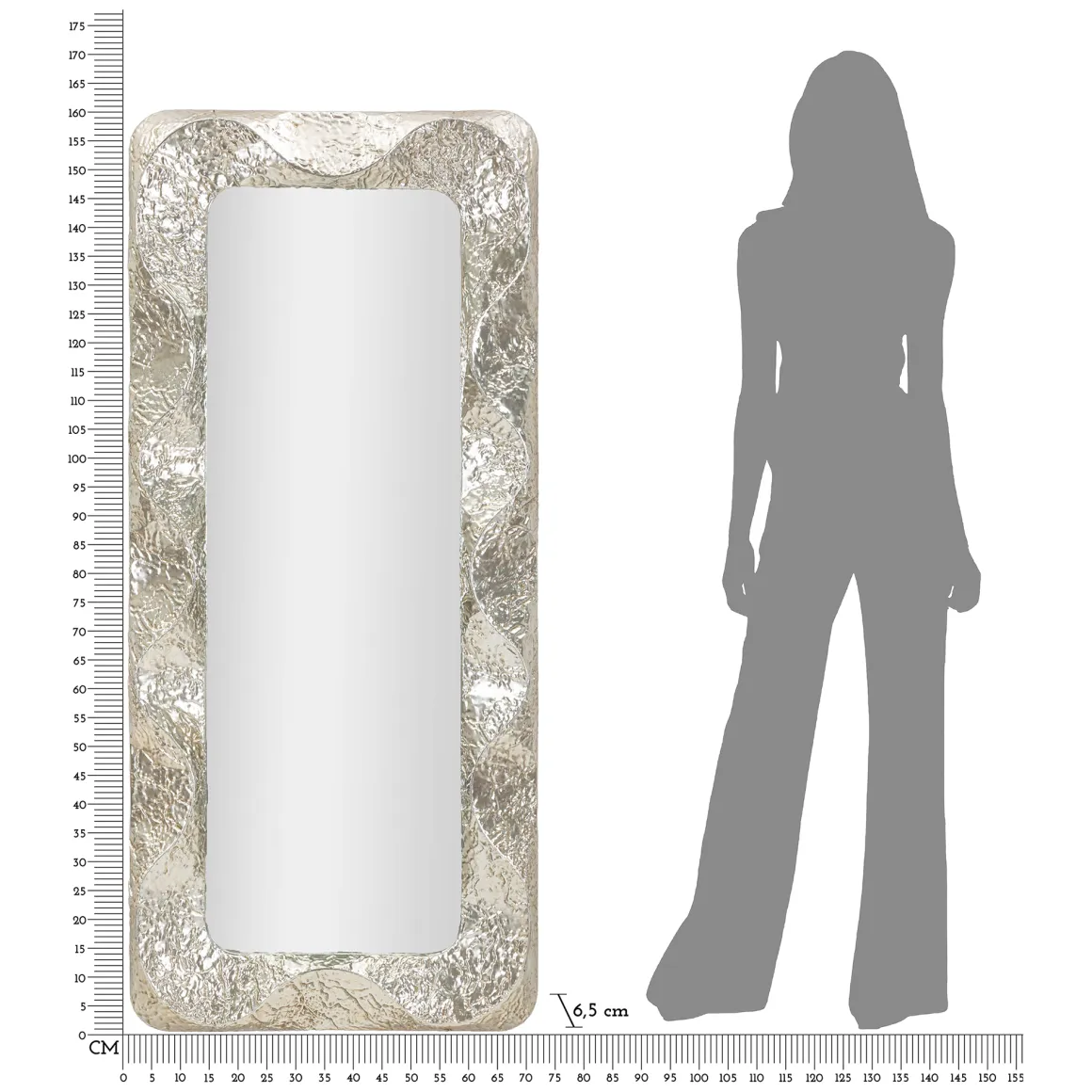 Specchio Argento Trasparente Cornice Effetto Materico Forma Rettangolare 70x161h cm, Tipologia a Parete - Dagalito