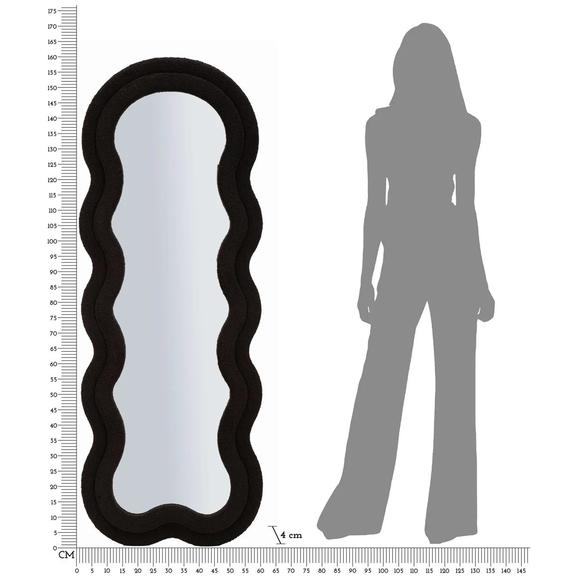 Specchio Nero Trasparente Cornice Ondulata Tessuto Teddy Forma Rettangolare 60x160h cm, Tipologia a Parete - Marylin