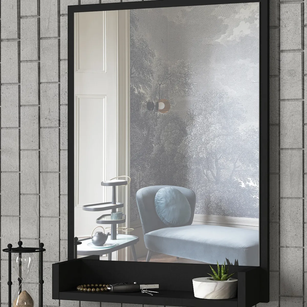 Specchi > Dmora Specchio Nero Trasparente Mensola Inclusa Forma Rettangolare 45x75h cm, Tipologia a Parete - Ticineto Trasparente, Nero