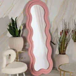 Specchio Rosa Trasparente Cornice Ondulata Tessuto Teddy Forma Rettangolare 60x160h cm, Tipologia a Parete - Marylin