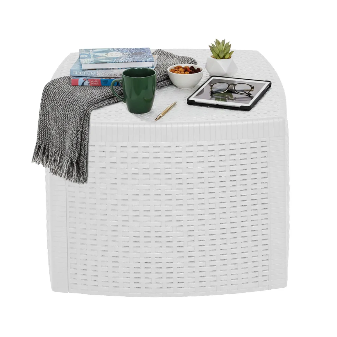 Tavolino da Esterno Bianco 2 Posti Tavolo Tavolino Contenitore 53x53x40h cm, Forma Cubica - Akane