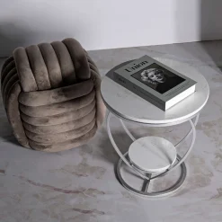 Tavolino da Salotto Argento Bianco Marmo Struttura a Cuore Forma Rotondo 40x40x46h cm, Colore Ripiano Bianco - Masaka