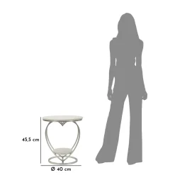 Tavolino da Salotto Argento Bianco Marmo Struttura a Cuore Forma Rotondo 40x40x46h cm, Colore Ripiano Bianco - Masaka