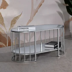 Tavolini Da Salotto > Dmora Tavolino da Salotto Argento Trasparente un Vano Forma Ovale 90x50x45h cm, Colore Ripiano Trasparente - Fafa Trasparente, Argento