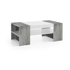 Tavolino da salotto Ashar, cm 110x60h40, Bianco lucido e Cemento