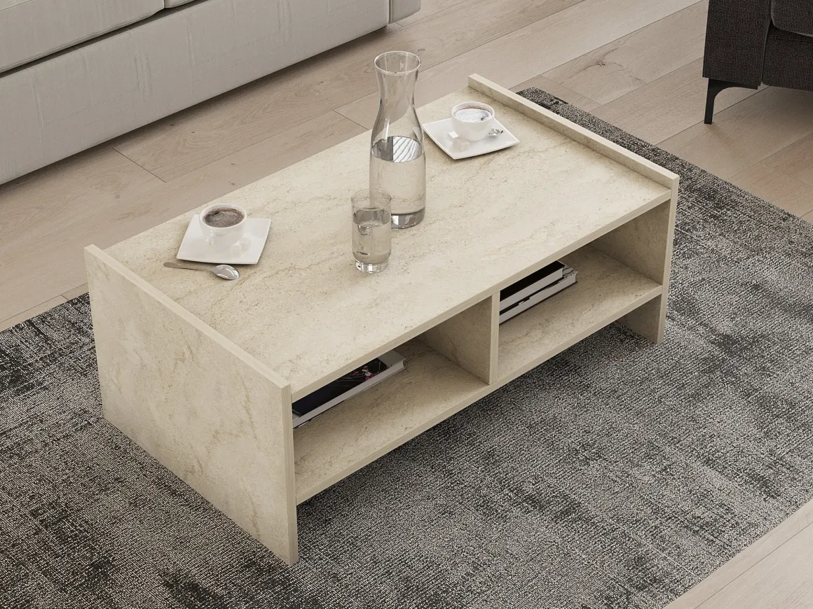 Tavolini Da Salotto > Dmora Tavolino da Salotto Beige Marmo Bianco Portariviste Forma Rettangolare 105x65x30h cm, Colore Ripiano Trasparente - Rhysand Bianco, Beige Marmo