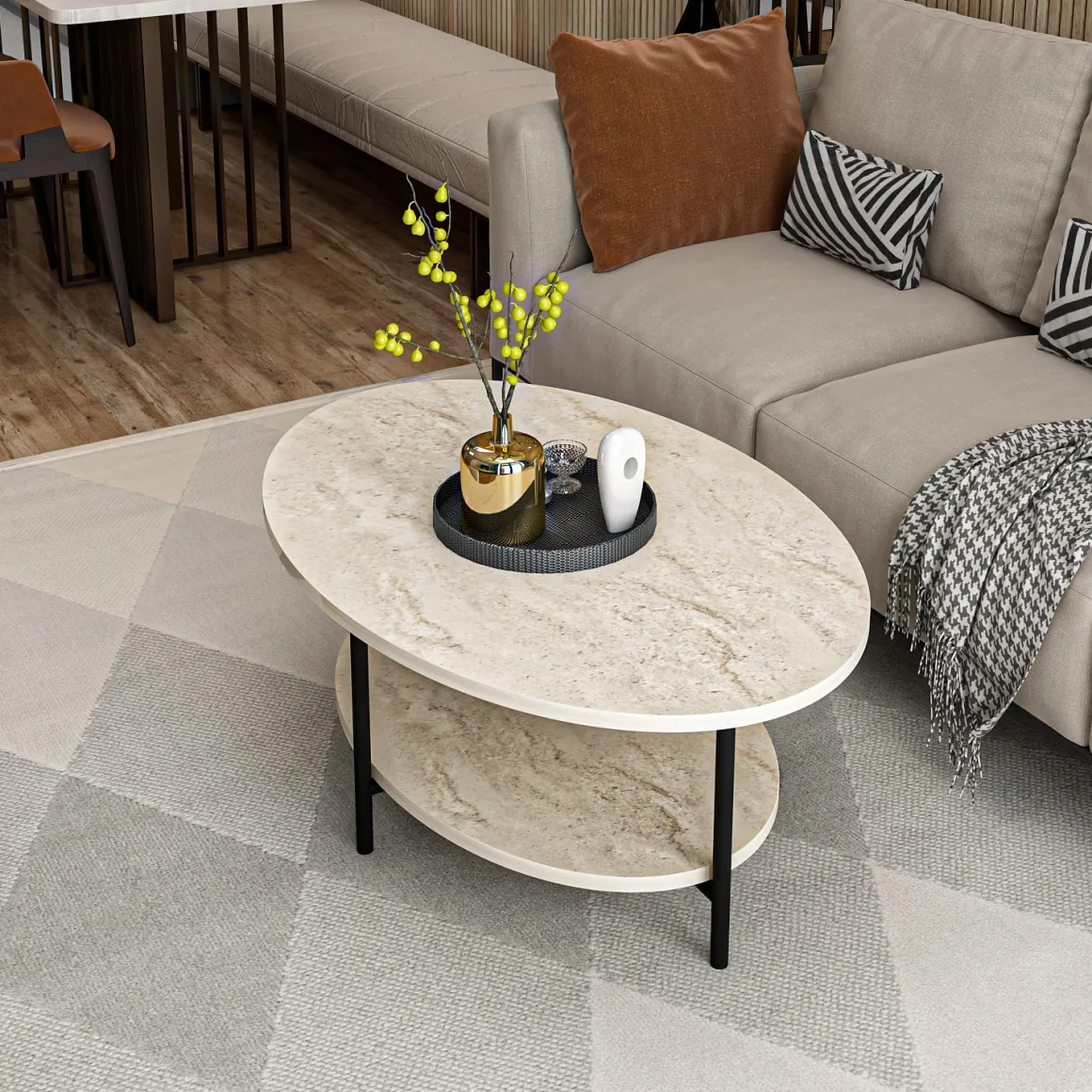 Tavolini Da Salotto > Dmora Tavolino da Salotto un Vano Forma Rettangolare 87x50x32h cm, Sfumatura Colore Ripiano Marmo - Piuro Beige Marmo