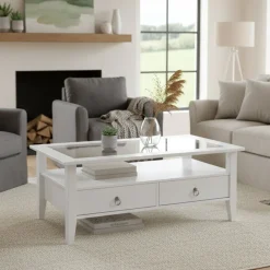 Tavolino da Salotto Bianco 2 Cassetti Portariviste 115x60x45h cm, un Vano - Minturno