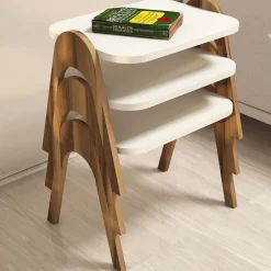 Tavolino da Salotto Bianco Crema Marrone Noce set 3 Pezzi Impilabili Forma Rettangolare 49x36x42h cm, Colore Ripiano Bianco - Cerrione