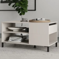 Tavolini Da Salotto > Dmora Tavolino da Salotto Bianco Crema Trasparente Forma Rotondo Colore Ripiano Trasparente 45x45x50h cm, Materiale Struttura in Vetro - Famefali Trasparente, Bianco Crema