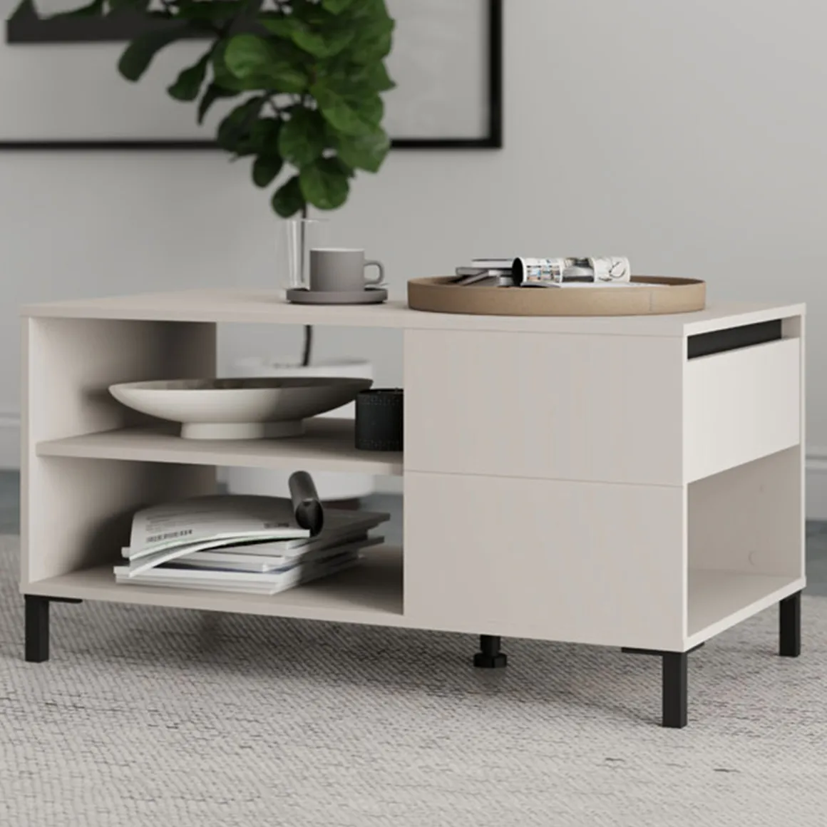 Tavolino da Salotto Bianco Crema Nero un Cassetto con Piedini 102x55x52h cm, 3 Vani - Salentina