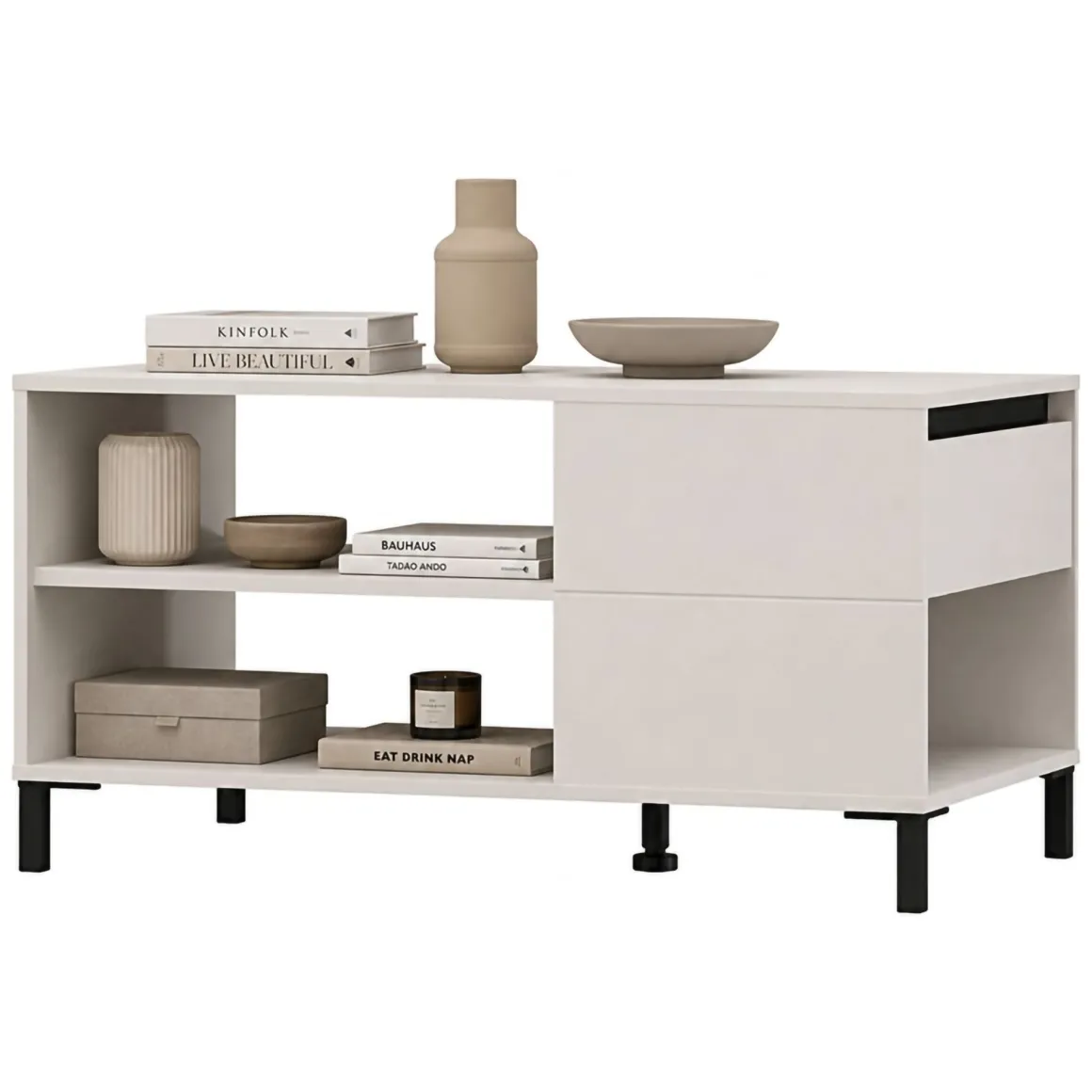 Tavolino da Salotto Bianco Crema Nero un Cassetto con Piedini 102x55x52h cm, 3 Vani - Salentina