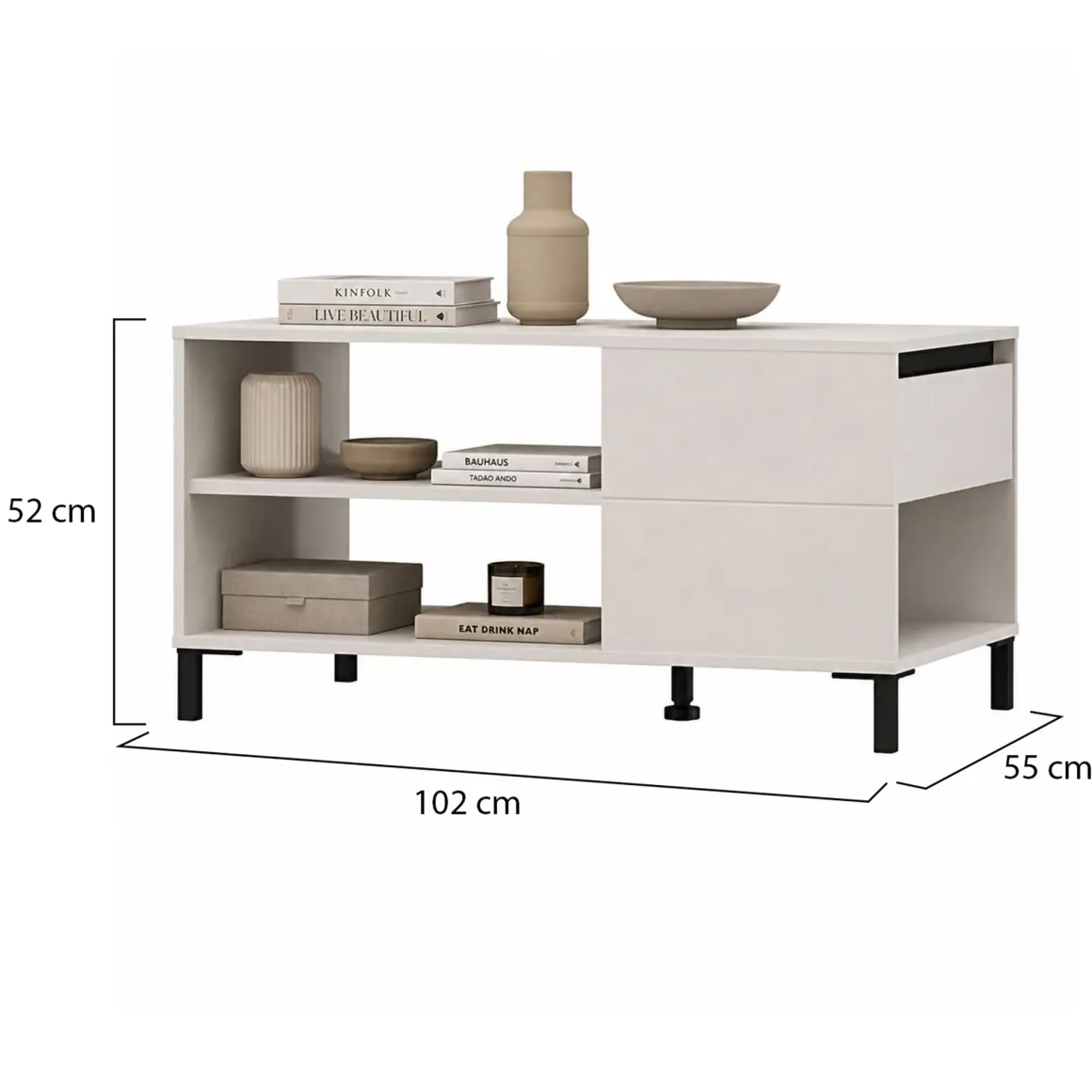 Tavolino da Salotto Bianco Crema Nero un Cassetto con Piedini 102x55x52h cm, 3 Vani - Salentina
