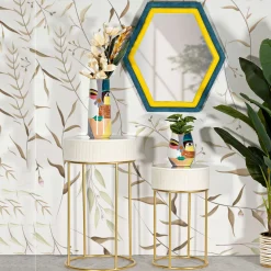 Tavolini Da Salotto > Dmora Tavolino da Salotto Bianco Crema oro un Cassetto Rivestimento in Tessuto Imbottito 75x75x36h cm, un Vano - Dalasida Oro, Bianco Crema