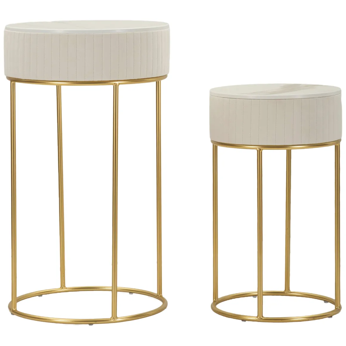 Tavolino da Salotto Bianco Crema oro set da 2 Forma Rotondo 50x50x90h cm, Colore Ripiano Bianco - Davapa