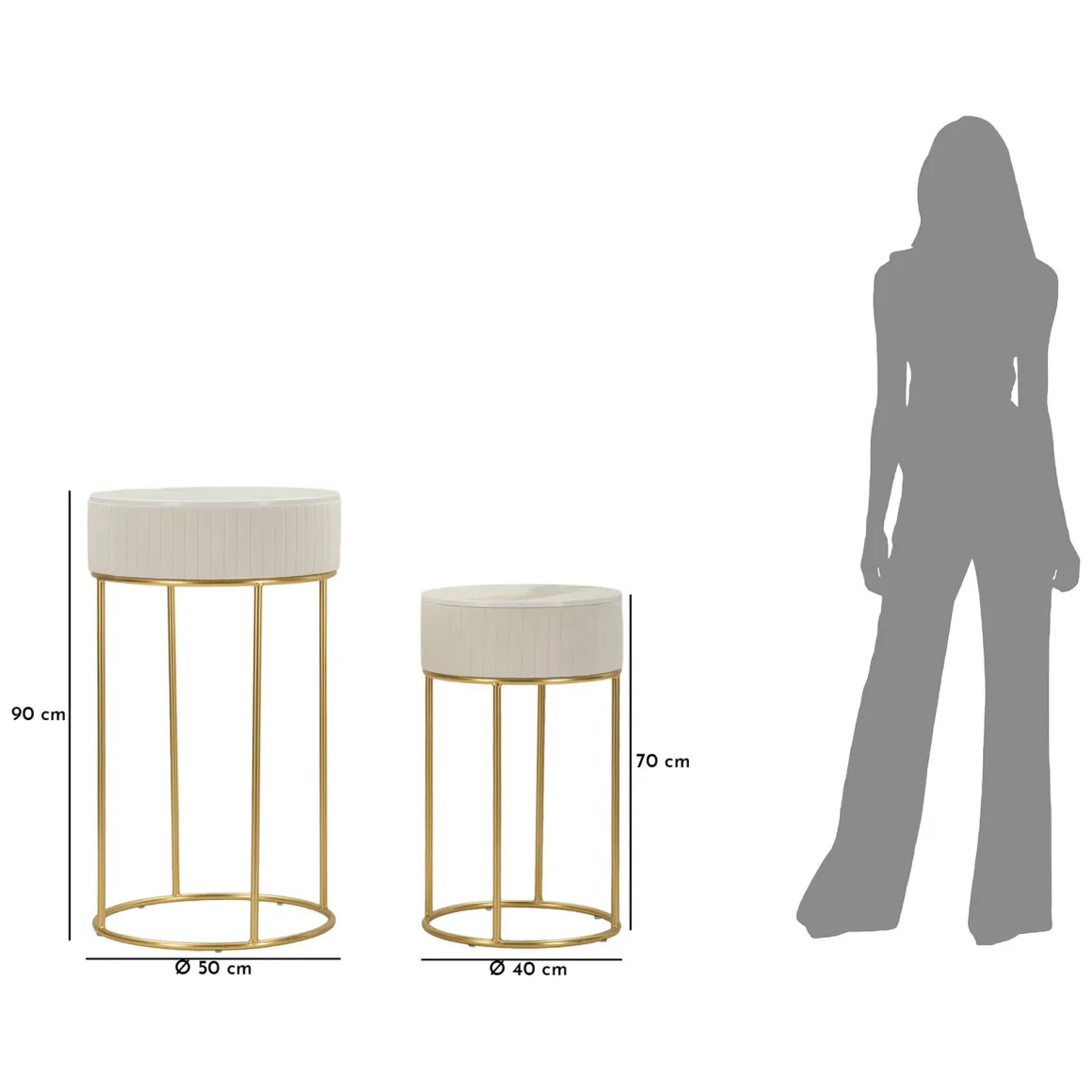 Tavolino da Salotto Bianco Crema oro set da 2 Forma Rotondo 50x50x90h cm, Colore Ripiano Bianco - Davapa