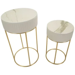 Tavolino da Salotto Bianco Crema oro set da 2 Forma Rotondo 50x50x90h cm, Colore Ripiano Bianco - Davapa