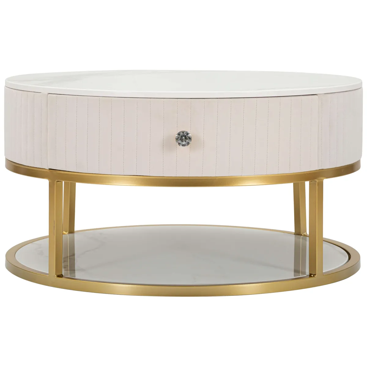 Tavolini Da Salotto > Dmora Tavolino da Salotto Bianco Crema oro un Cassetto Rivestimento in Tessuto Imbottito 75x75x36h cm, un Vano - Dalasida Oro, Bianco Crema