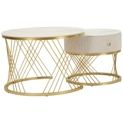 Tavolino da Salotto Bianco Crema oro un Cassetto Rivestimento in Tessuto Imbottito Modulabile 70x70x48h cm, un Vano - Davazate