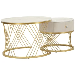 Tavolino da Salotto Bianco Crema oro un Cassetto Rivestimento in Tessuto Imbottito Modulabile 70x70x48h cm, un Vano - Davazate