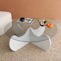 Tavolini Da Salotto|Salotto > Dmora Tavolino da Salotto Effetto Fume Forma Rotonda 90x90x30h cm, Materiale Piano in Vetro - Willow Bianco