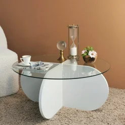 Tavolino da Salotto Bianco Forma Rotonda Materiale Piano in Vetro 75x75x35h cm, Colore Ripiano Trasparente - Nila