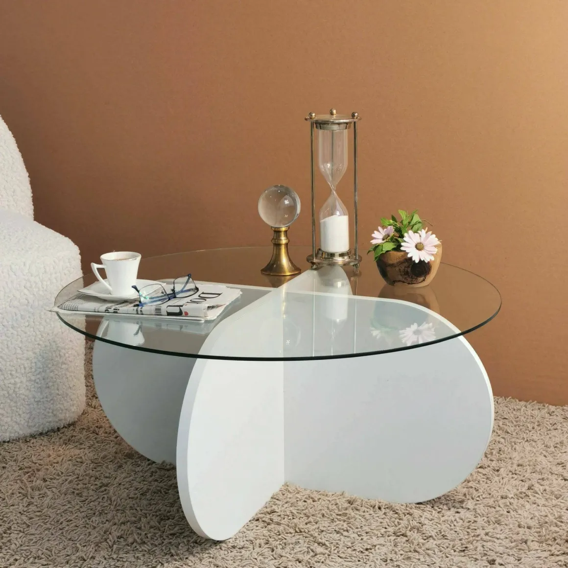 Tavolino da Salotto Bianco Forma Rotonda Materiale Piano in Vetro 75x75x35h cm, Colore Ripiano Trasparente - Nila
