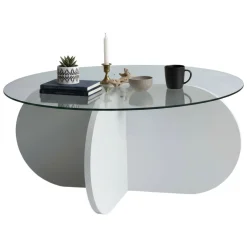 Tavolino da Salotto Bianco Forma Rotonda Materiale Piano in Vetro 75x75x35h cm, Colore Ripiano Trasparente - Nila