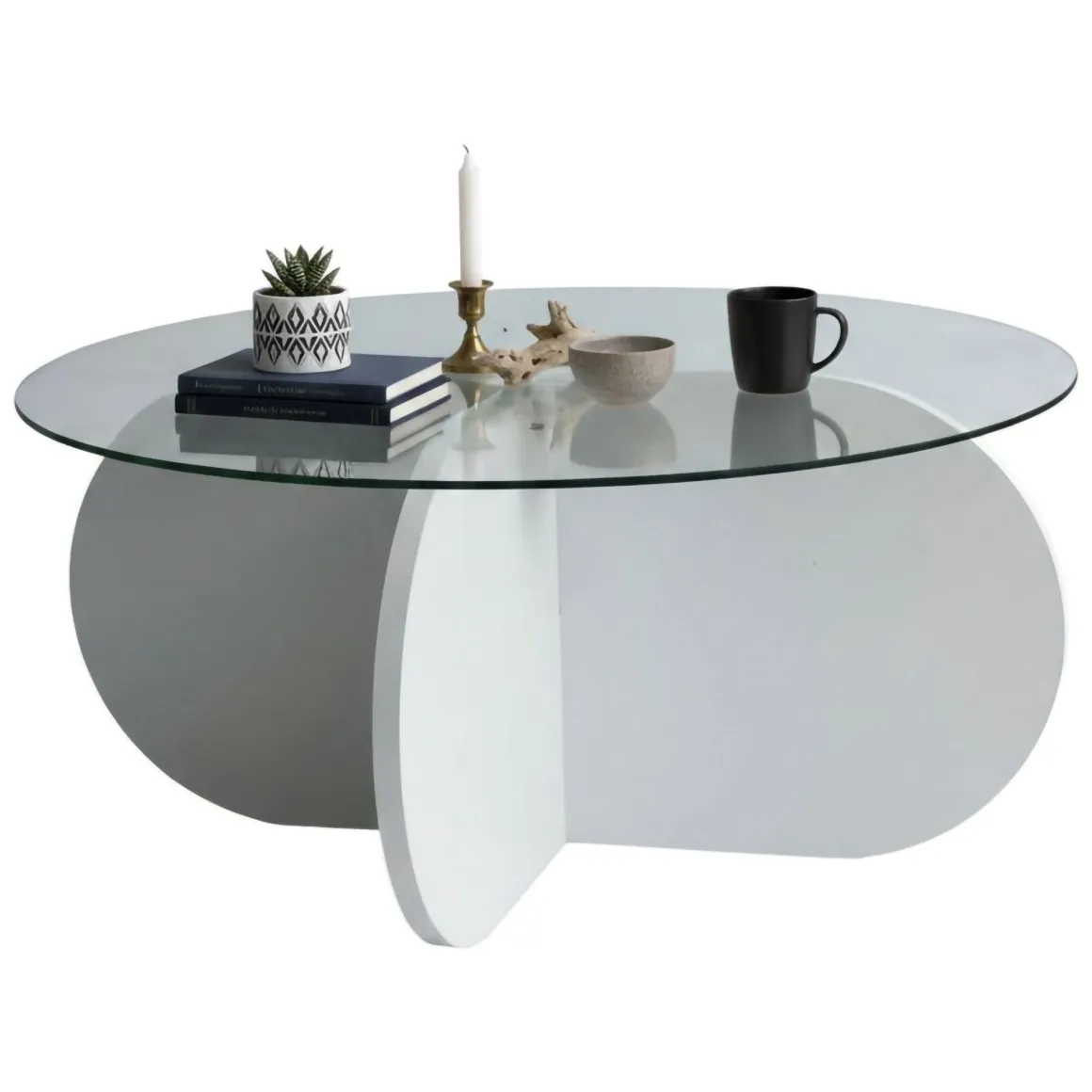 Tavolino da Salotto Bianco Forma Rotonda Materiale Piano in Vetro 75x75x35h cm, Colore Ripiano Trasparente - Nila
