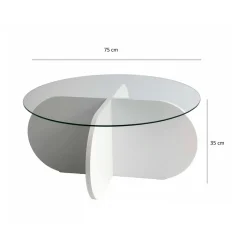 Tavolino da Salotto Bianco Forma Rotonda Materiale Piano in Vetro 75x75x35h cm, Colore Ripiano Trasparente - Nila