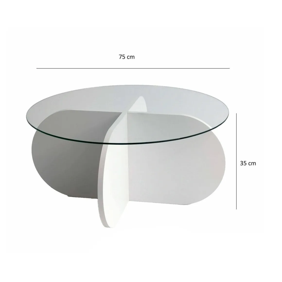 Tavolino da Salotto Bianco Forma Rotonda Materiale Piano in Vetro 75x75x35h cm, Colore Ripiano Trasparente - Nila