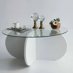 Tavolino da Salotto Bianco Forma Rotonda Materiale Piano in Vetro 75x75x35h cm, Colore Ripiano Trasparente - Nila