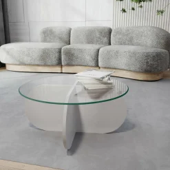 Tavolino da Salotto Bianco Forma Rotonda Materiale Piano in Vetro 75x75x35h cm, Colore Ripiano Trasparente - Nila