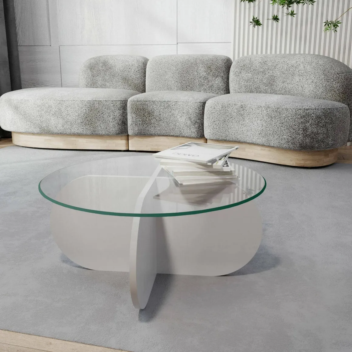 Tavolino da Salotto Bianco Forma Rotonda Materiale Piano in Vetro 75x75x35h cm, Colore Ripiano Trasparente - Nila
