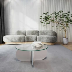 Tavolino da Salotto Bianco Forma Rotonda Materiale Piano in Vetro 75x75x35h cm, Colore Ripiano Trasparente - Nila