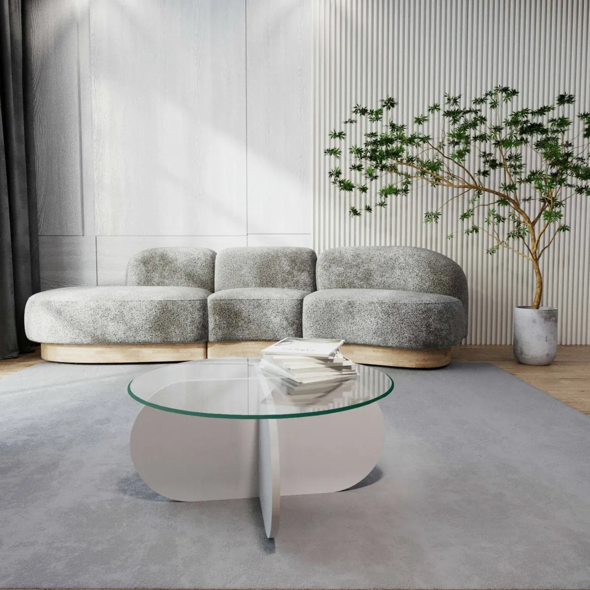 Tavolino da Salotto Bianco Forma Rotonda Materiale Piano in Vetro 75x75x35h cm, Colore Ripiano Trasparente - Nila